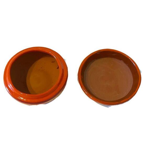 Mexican Redware Pottery Powder Box Signed Puerto Vallarta Trinket Orange Flowers - Picture 5 of 9